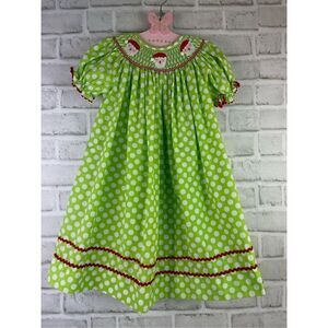 Smockadot Kids Size 3T Santa Face Embroidered on Green White Dotted Dress